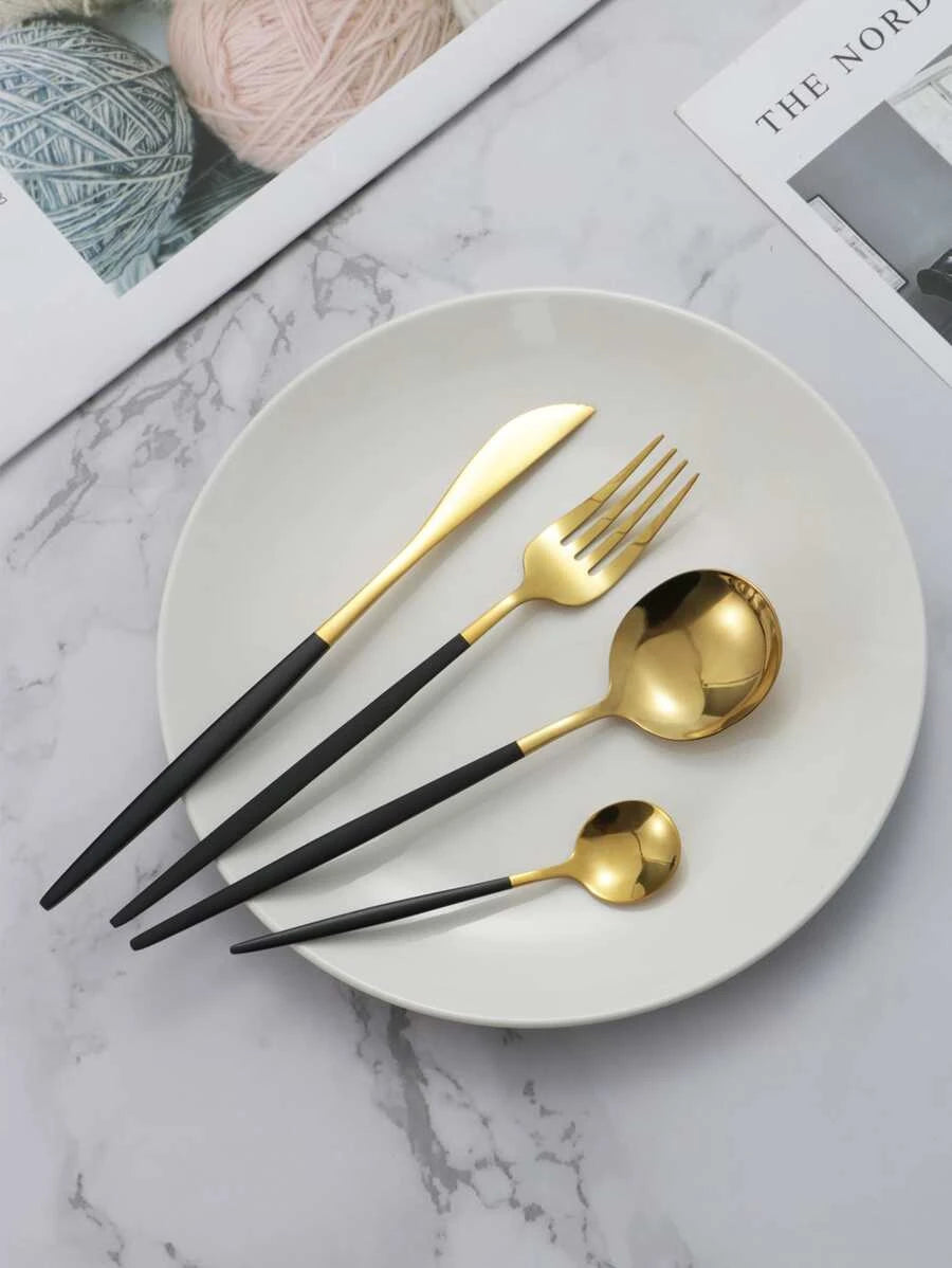 24pcs Stainless Steel Cutlery Set - Black and Gold
