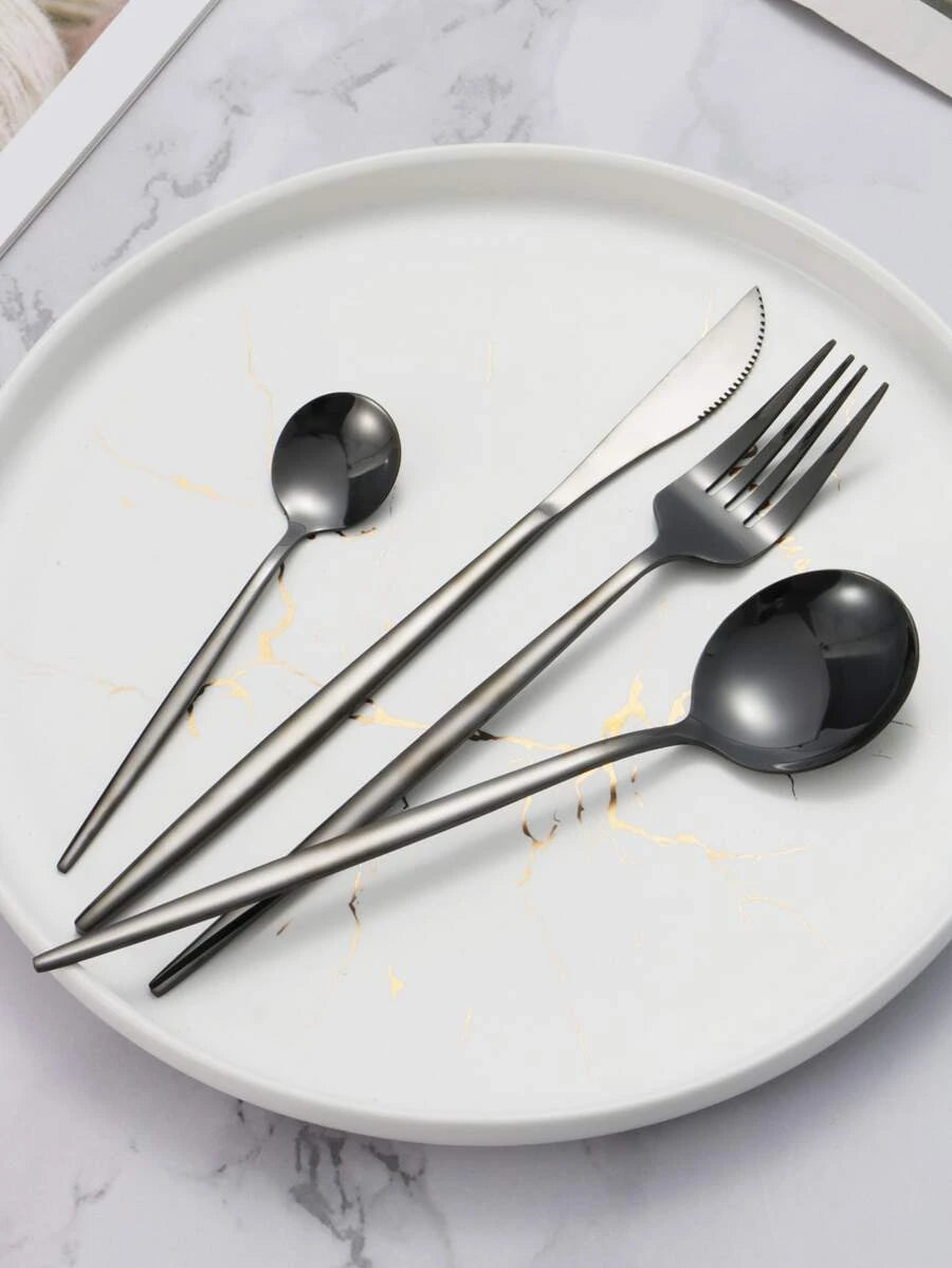 24pcs Stainless Steel Cutlery Set - Matte Black