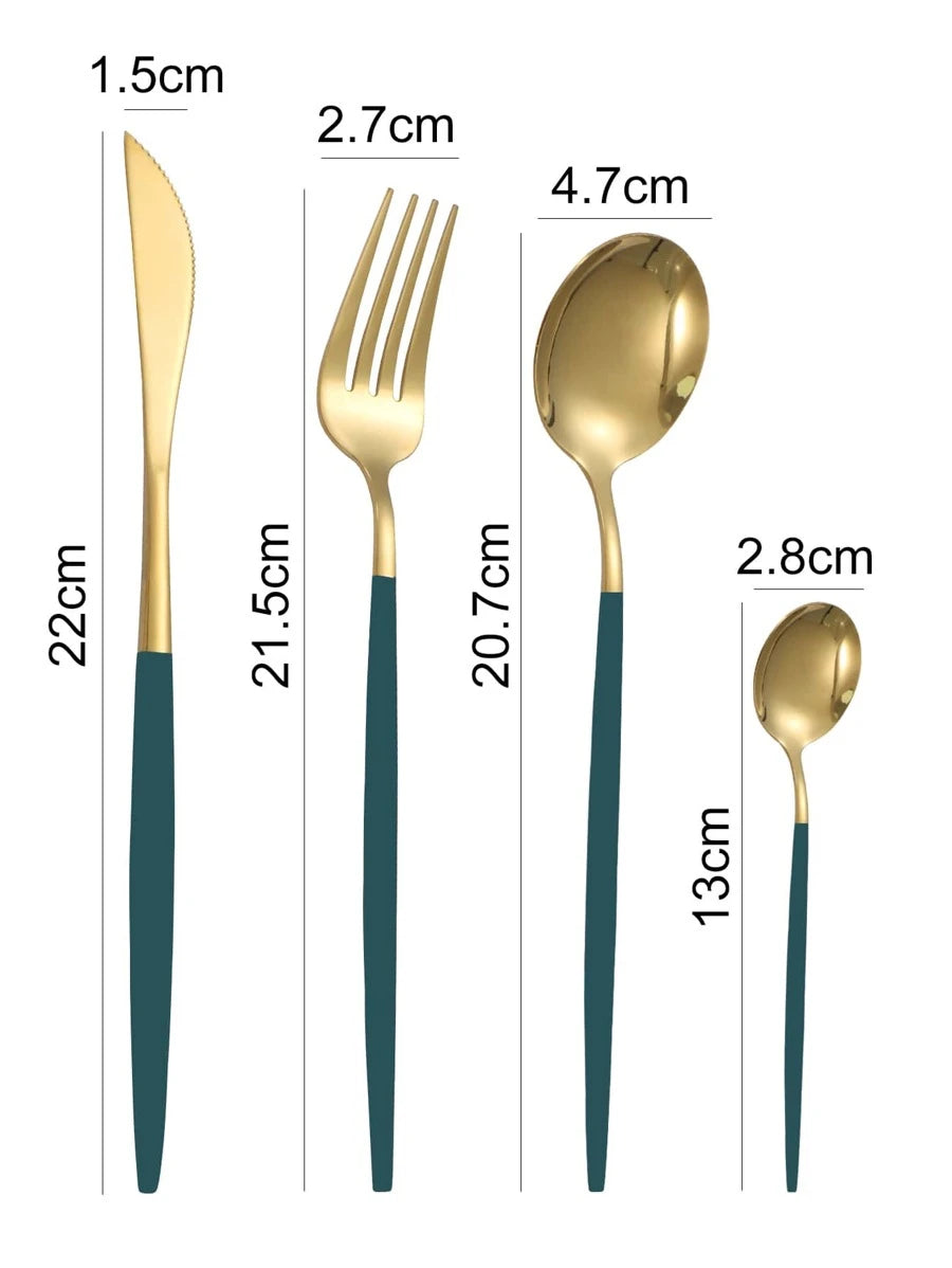 24pcs Stainless Steel Cutlery Set - Green and Gold