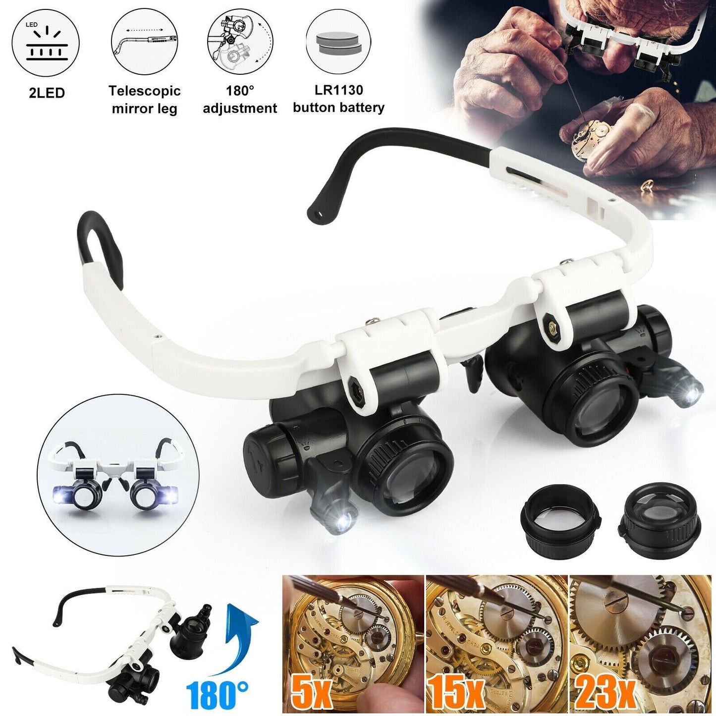 Headband Head Magnifier 8 Lens LED Light Jeweler Glasses